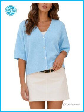 Womens Short Sleeve Cardigan Sweater Oversized Cropped V Neck Button Down